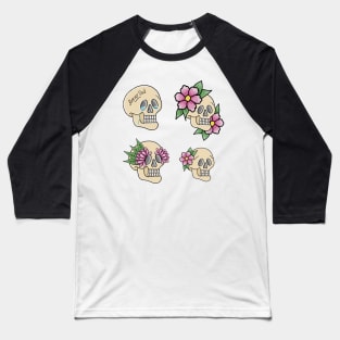 Multiple Skull Designs with Flowers and Tears - white Baseball T-Shirt